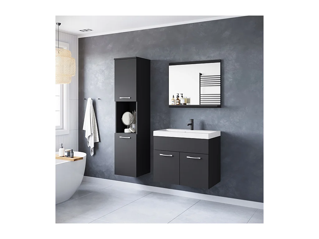 Ensemble de salle de bain suspendu avec lavabo, miroir et colonnes, noir mat