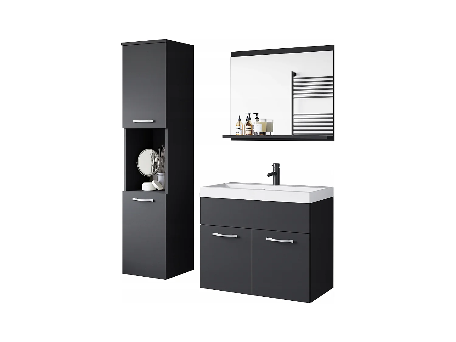 Ensemble de salle de bain suspendu avec lavabo, miroir et colonnes, noir mat