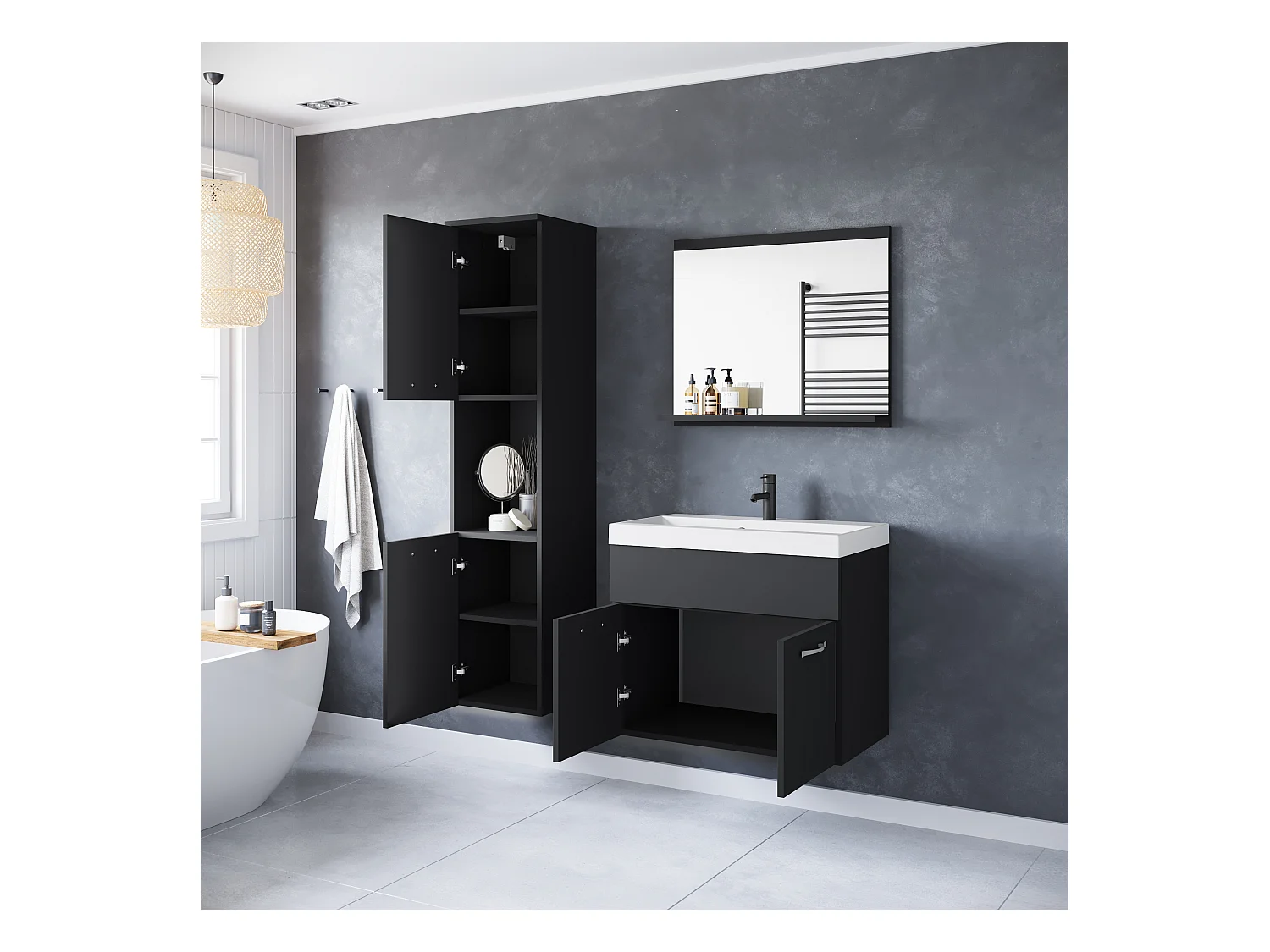 Ensemble de salle de bain suspendu avec lavabo, miroir et colonnes, noir mat