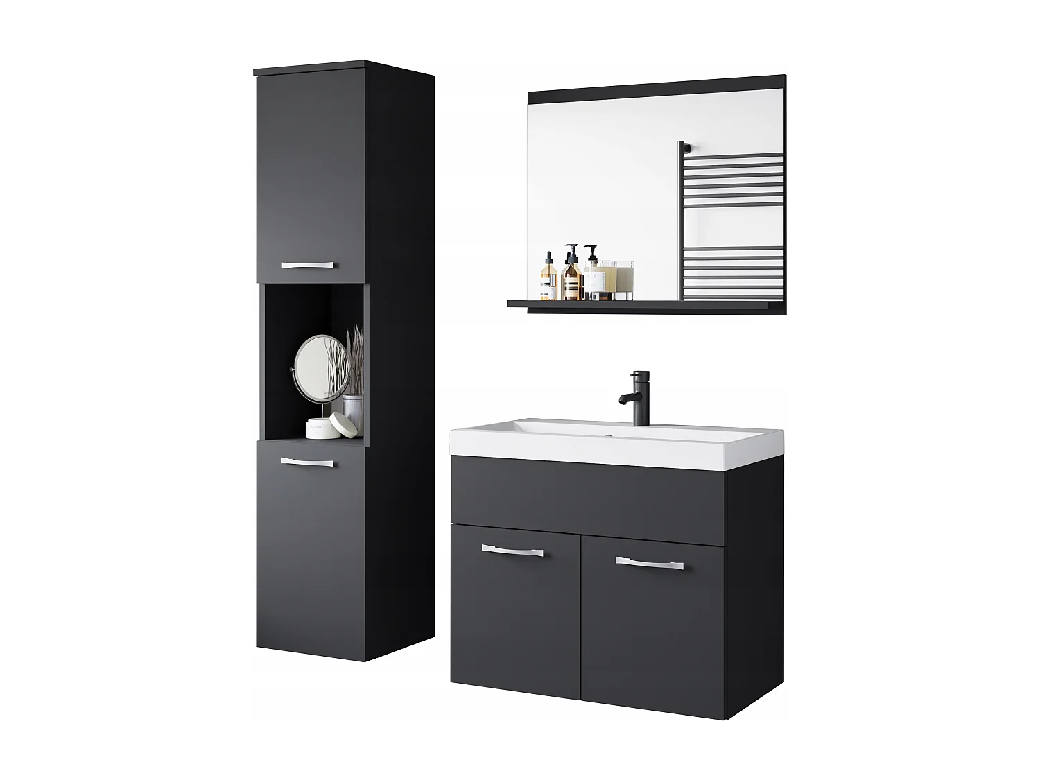 Ensemble de salle de bain suspendu avec lavabo, miroir et colonnes, noir mat