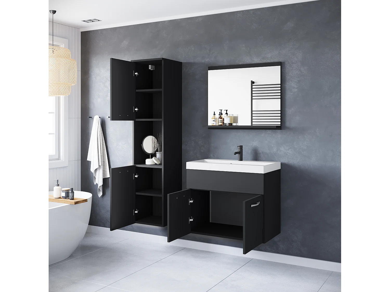 Ensemble de salle de bain suspendu avec lavabo, miroir et colonnes, noir mat