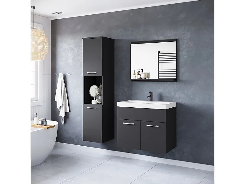 Ensemble de salle de bain suspendu avec lavabo, miroir et colonnes, noir mat