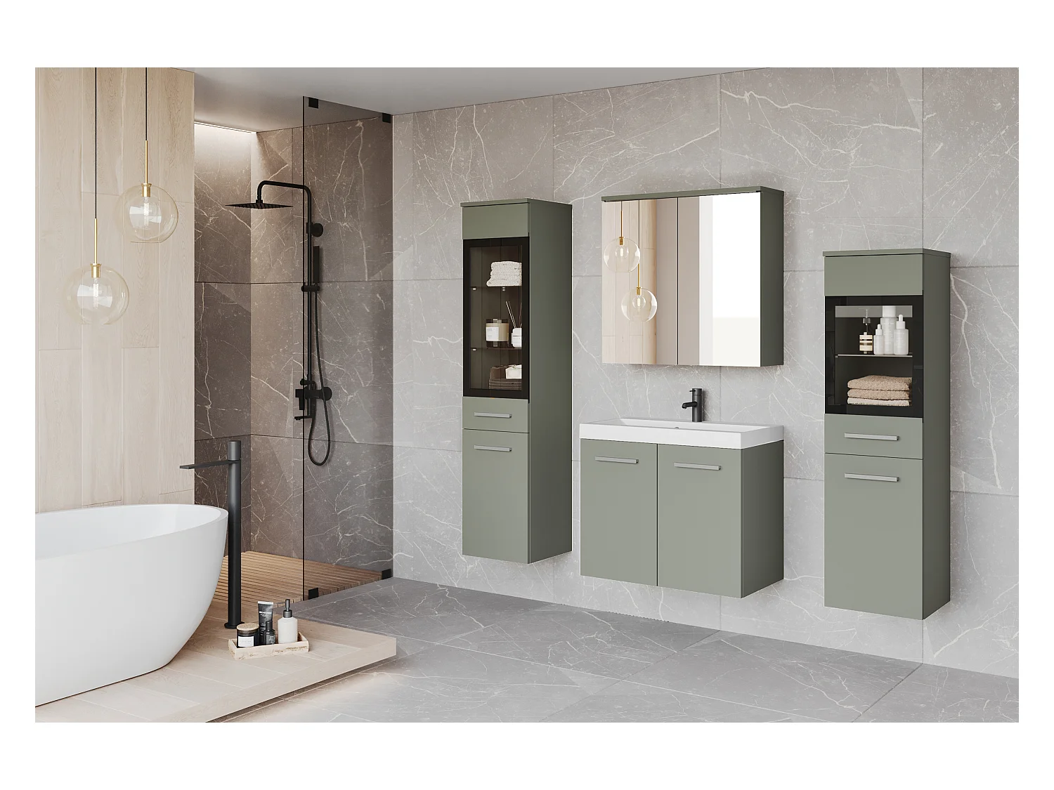 Ensemble de salle de bain suspendu avec lavabo, 2 colonnes et armoire miroir, vert brumeux mat