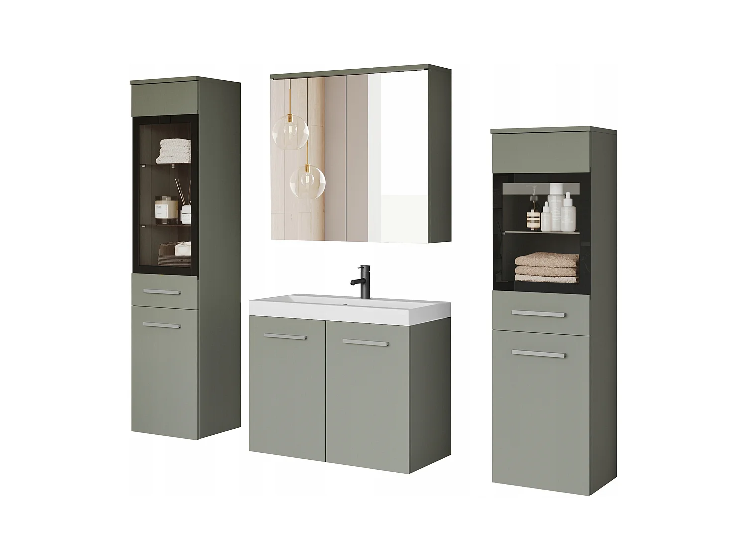 Ensemble de salle de bain suspendu avec lavabo, 2 colonnes et armoire miroir, vert brumeux mat