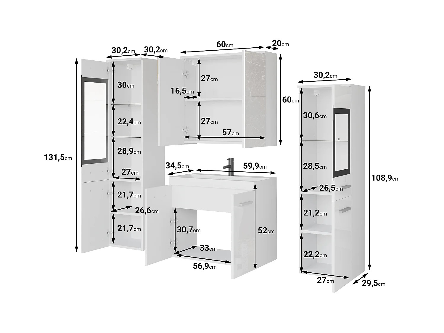 Ensemble de salle de bain suspendu avec lavabo, 2 colonnes et armoire miroir, vert brumeux mat