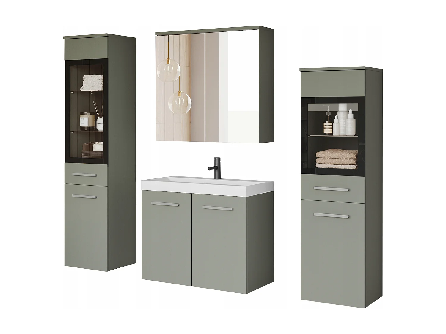 Ensemble de salle de bain suspendu avec lavabo, 2 colonnes et armoire miroir, vert brumeux mat