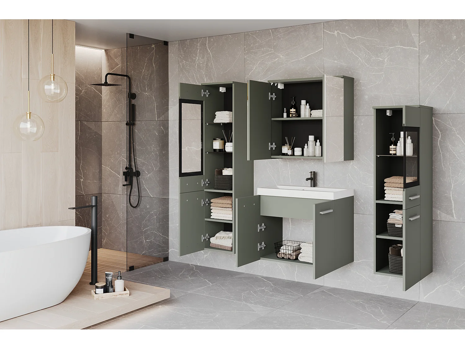 Ensemble de salle de bain suspendu avec lavabo, 2 colonnes et armoire miroir, vert brumeux mat