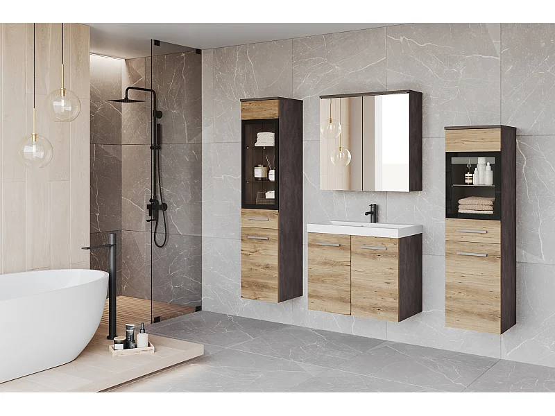 Ensemble de salle de bain suspendu avec lavabo, 2 colonnes et armoire miroir, matera / châtaignier mat