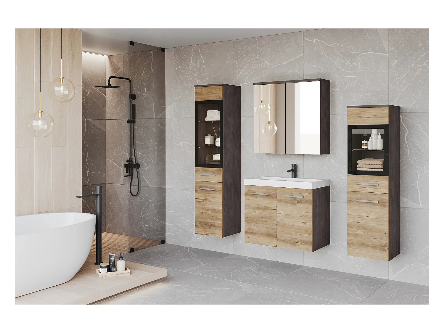 Ensemble de salle de bain suspendu avec lavabo, 2 colonnes et armoire miroir, matera / châtaignier mat