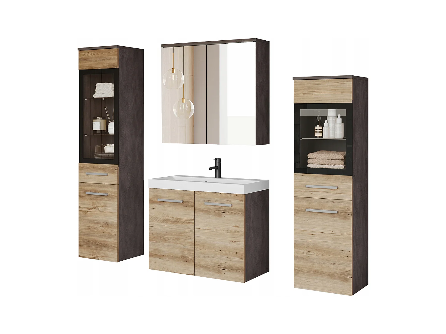 Ensemble de salle de bain suspendu avec lavabo, 2 colonnes et armoire miroir, matera / châtaignier mat