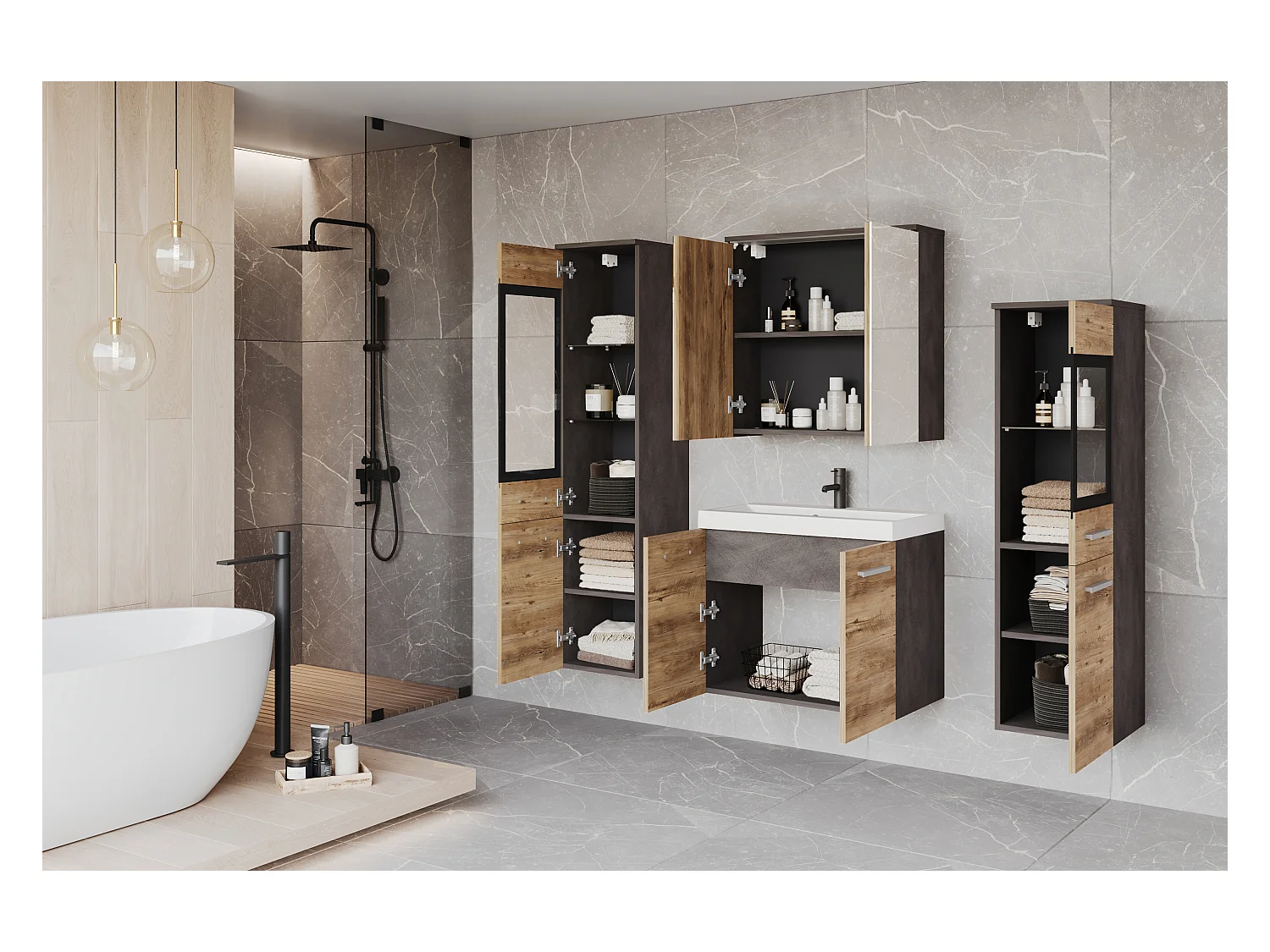Ensemble de salle de bain suspendu avec lavabo, 2 colonnes et armoire miroir, matera / châtaignier mat