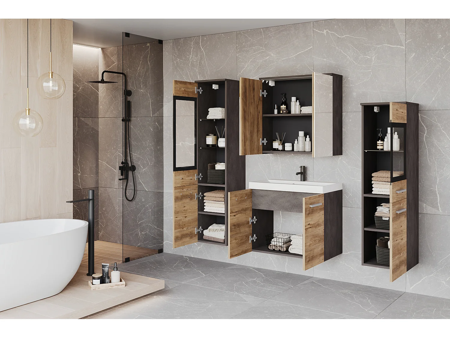 Ensemble de salle de bain suspendu avec lavabo, 2 colonnes et armoire miroir, matera / châtaignier mat