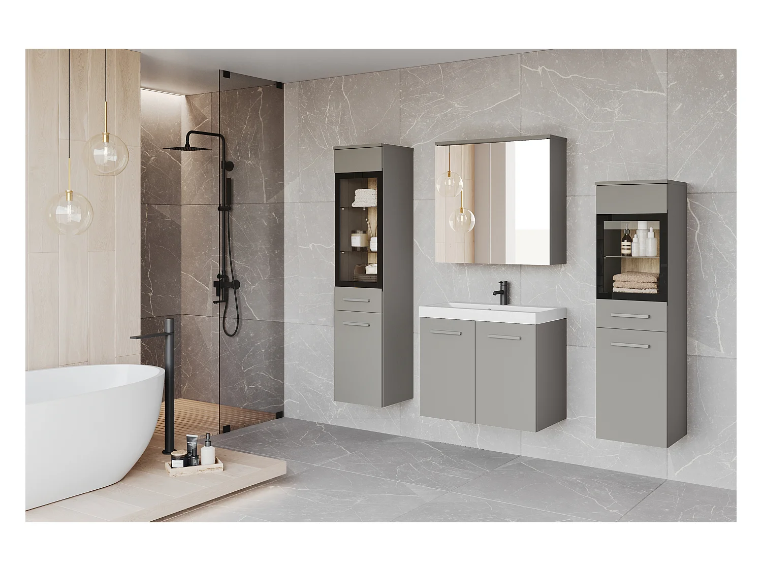 Ensemble de salle de bain suspendu avec lavabo, 2 colonnes et armoire miroir, gris palladium mat
