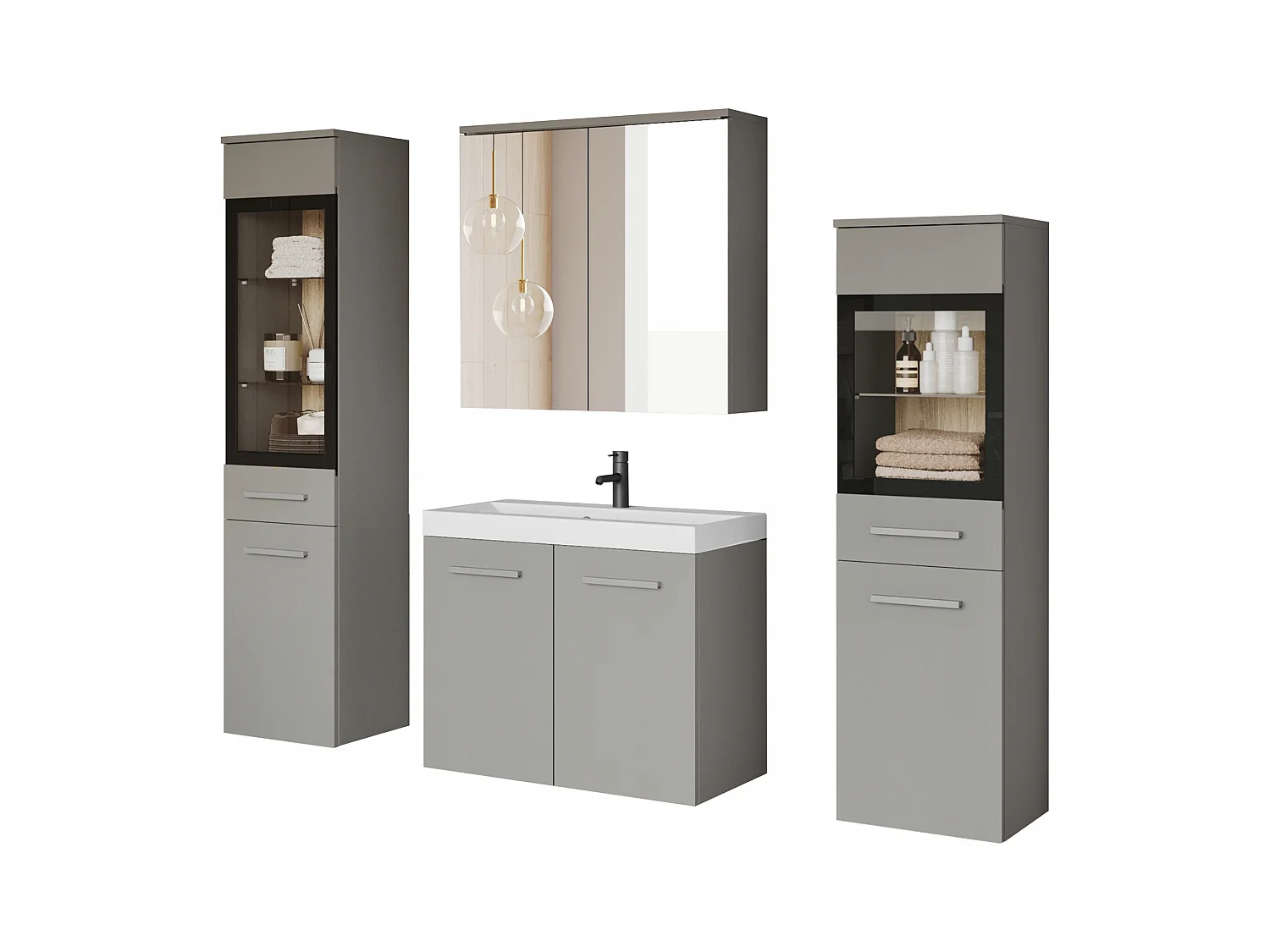Ensemble de salle de bain suspendu avec lavabo, 2 colonnes et armoire miroir, gris palladium mat