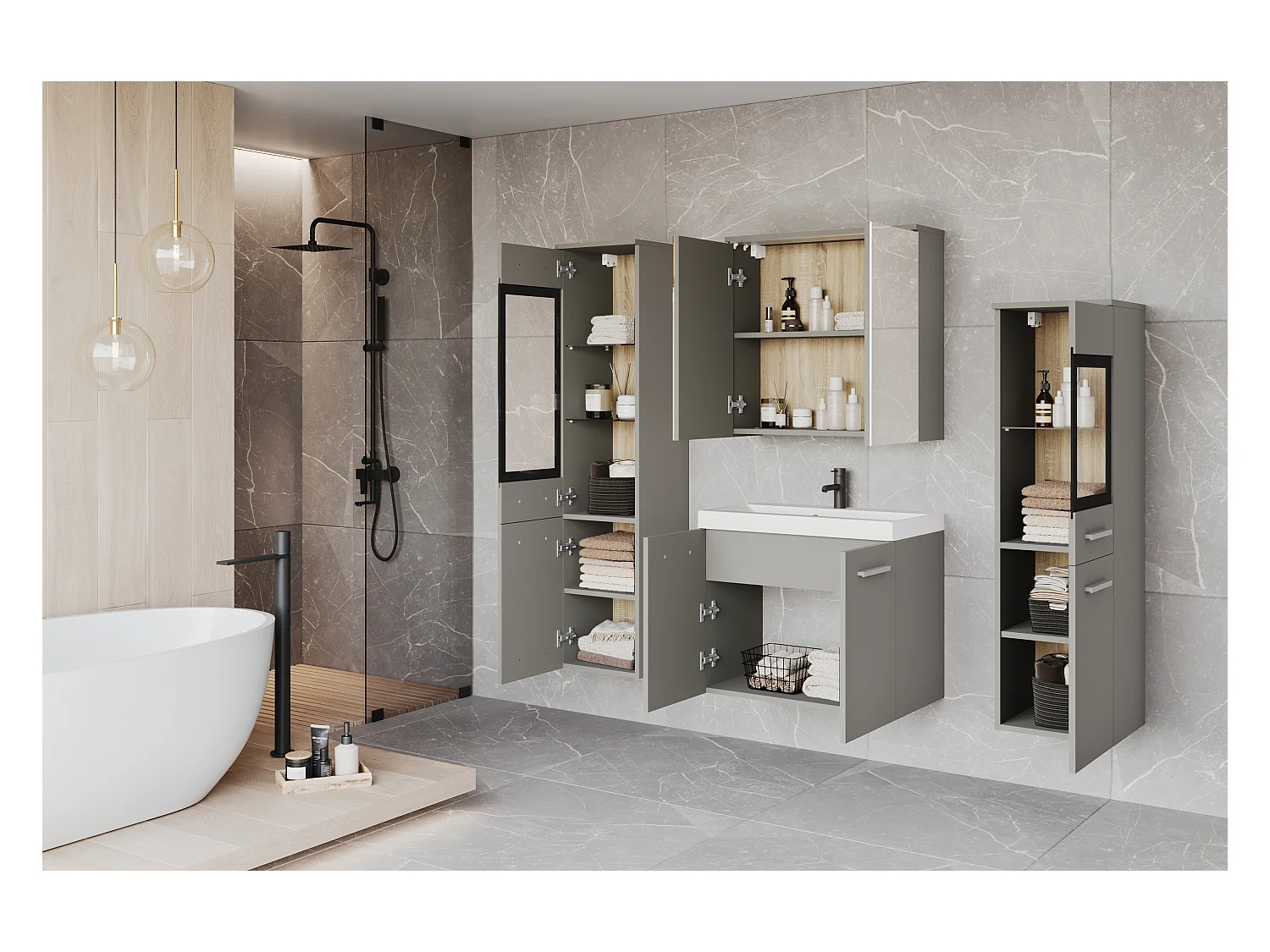 Ensemble de salle de bain suspendu avec lavabo, 2 colonnes et armoire miroir, gris palladium mat