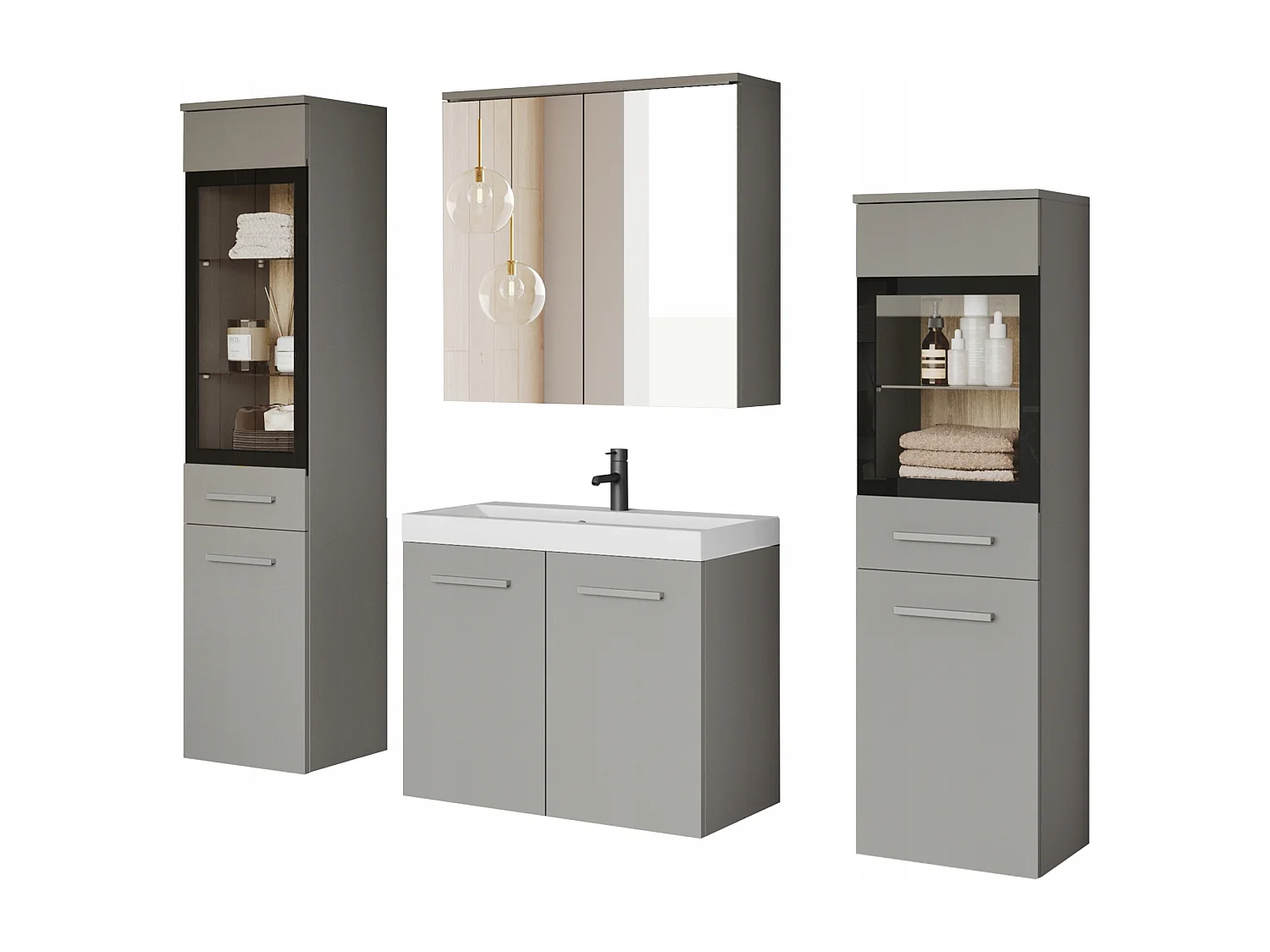 Ensemble de salle de bain suspendu avec lavabo, 2 colonnes et armoire miroir, gris palladium mat