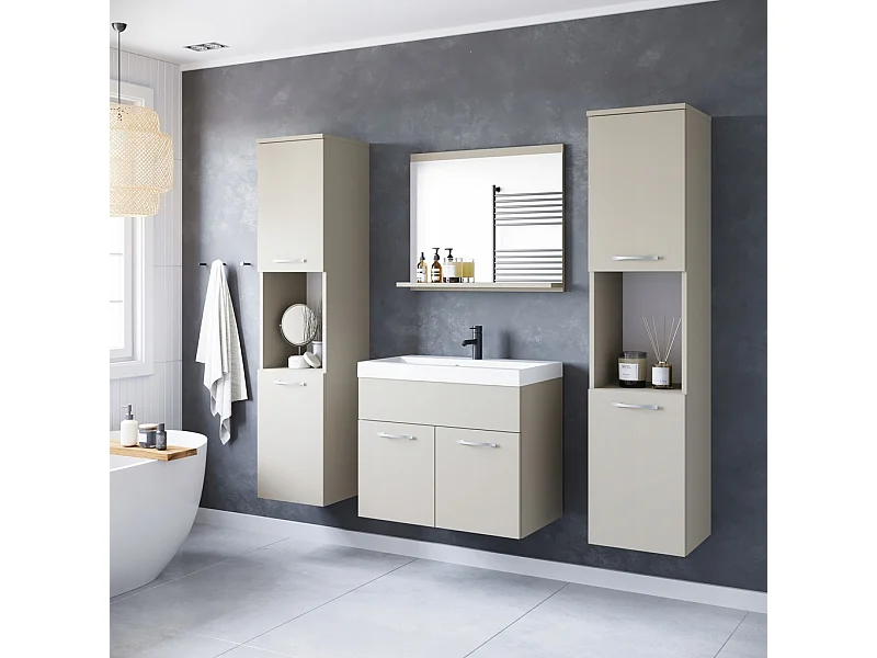 Badkamerset hangend met wastafel, spiegel en 2 kolomkasten, kashmir beige mat