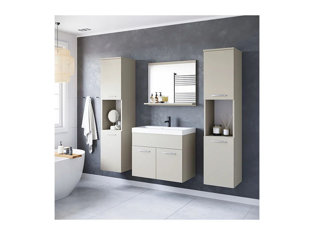Ensemble de salle de bain suspendu avec lavabo, miroir et 2 colonnes, beige cachemire mat