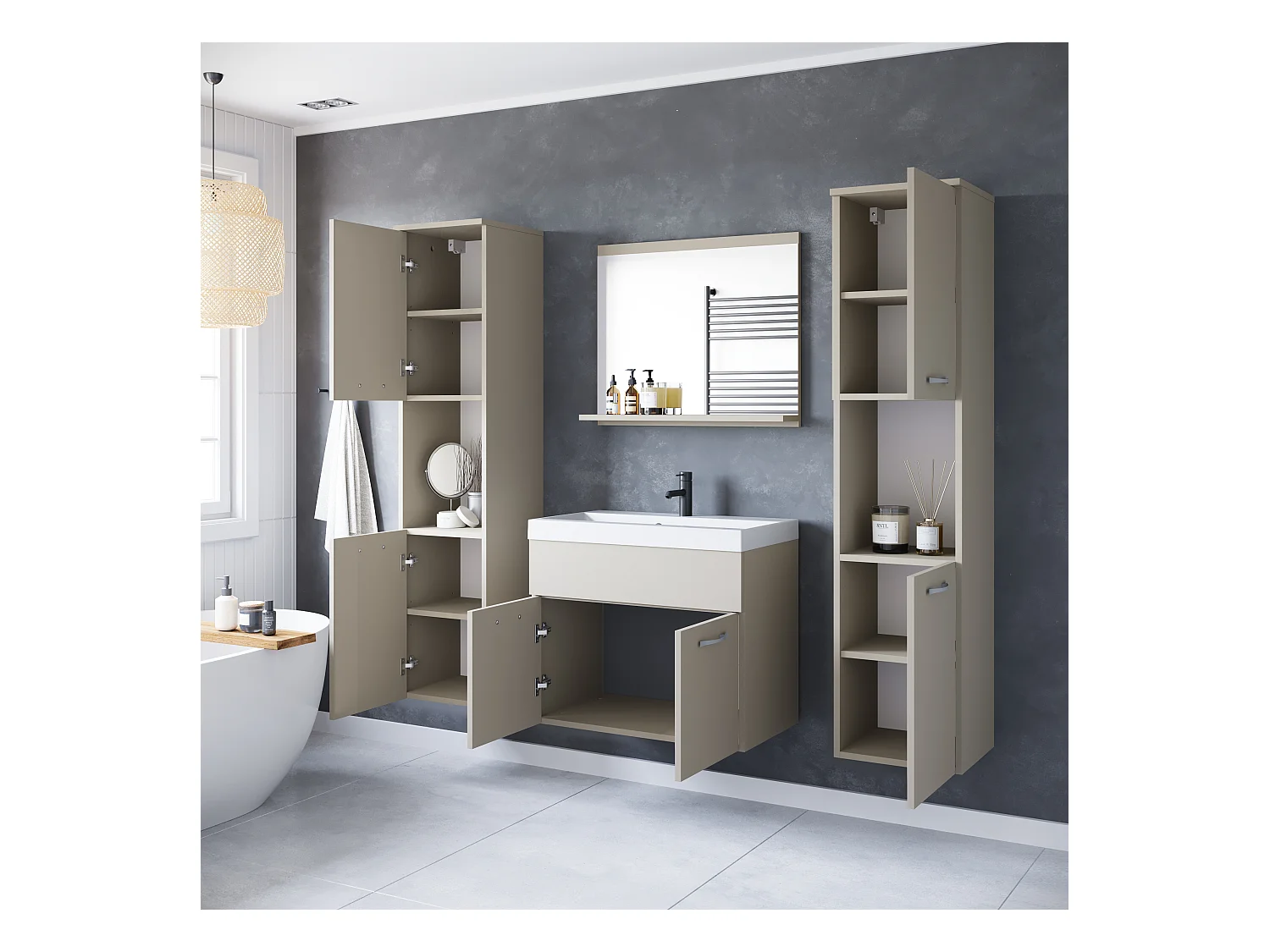 Ensemble de salle de bain suspendu avec lavabo, miroir et 2 colonnes, beige cachemire mat
