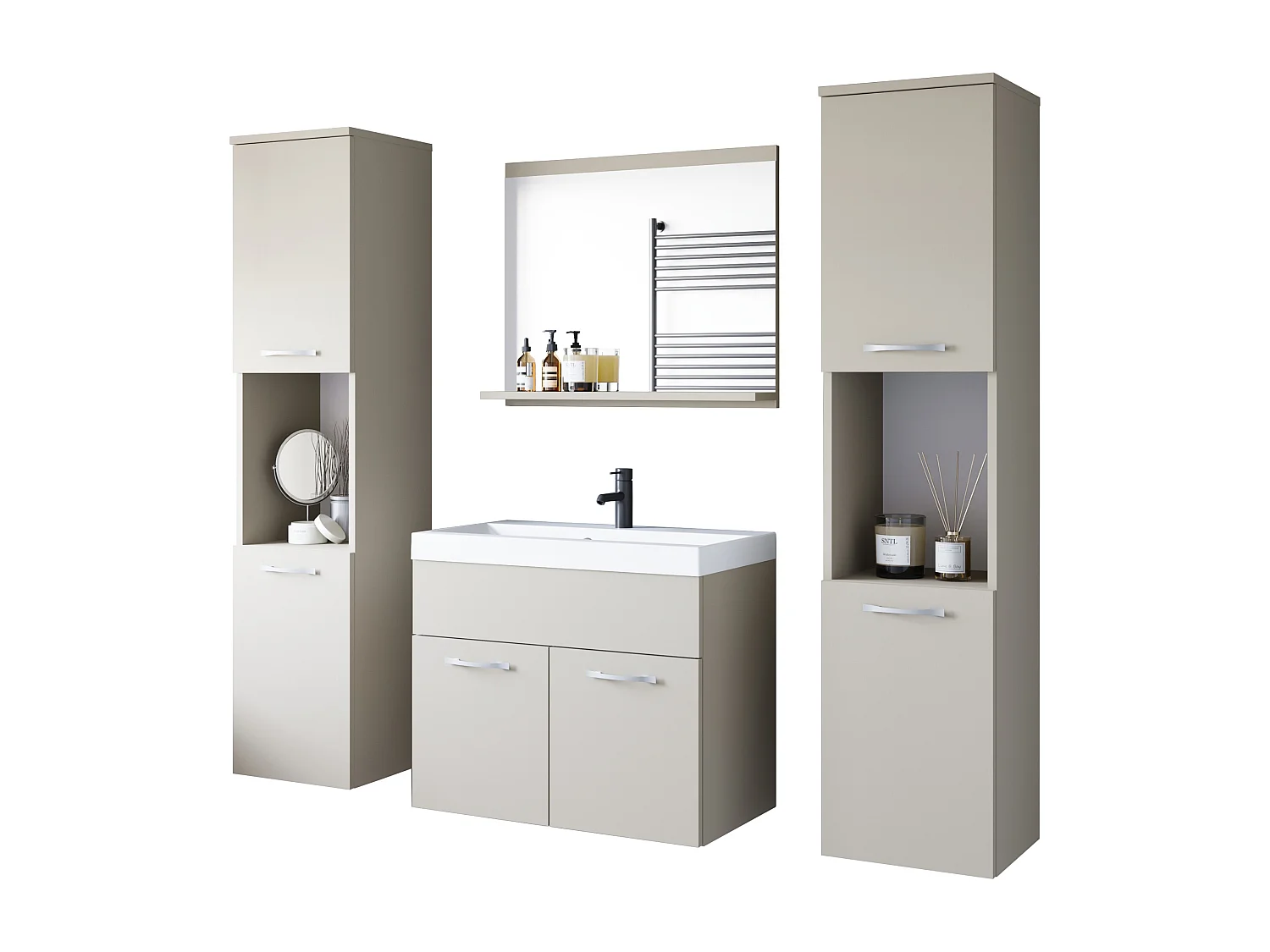 Badkamerset hangend met wastafel, spiegel en 2 kolomkasten, kashmir beige mat