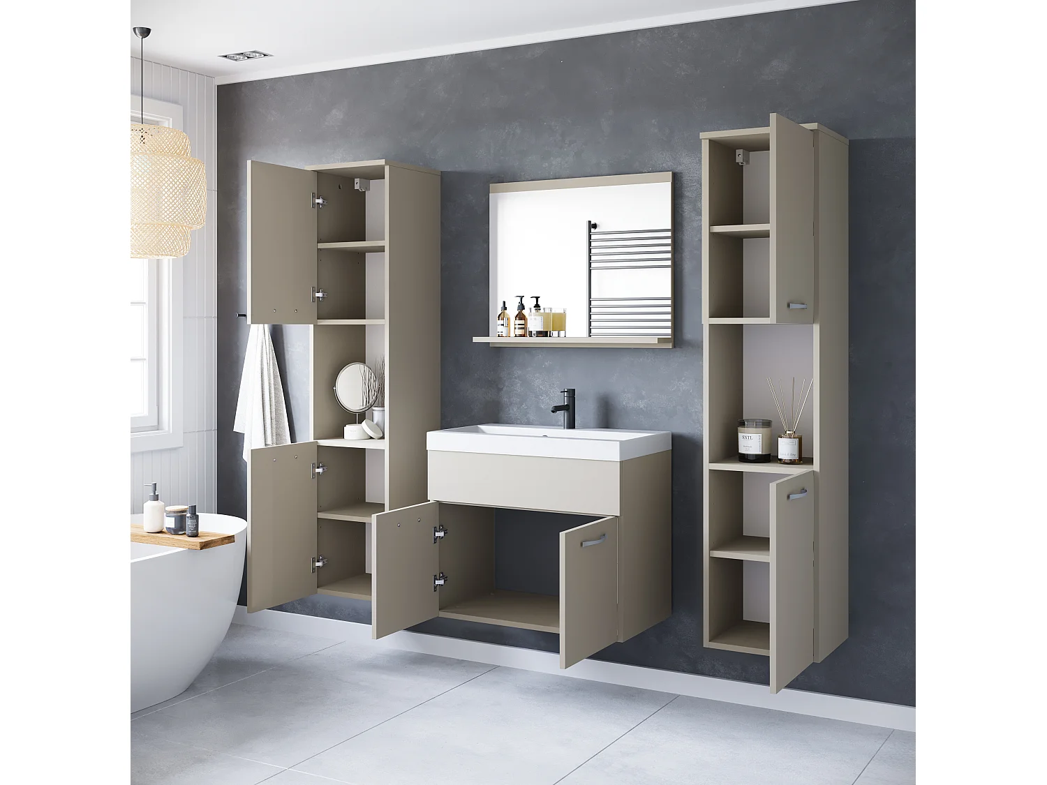 Badkamerset hangend met wastafel, spiegel en 2 kolomkasten, kashmir beige mat