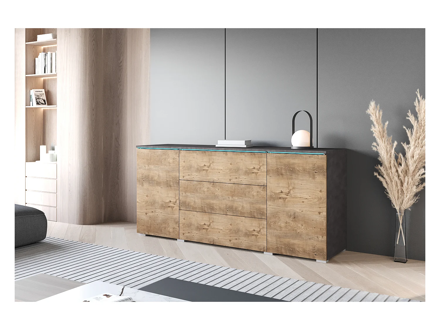 Buffet moderne 150 cm pour salon mat 3 tiroirs et 2 portes matera et châtaignier Breslau