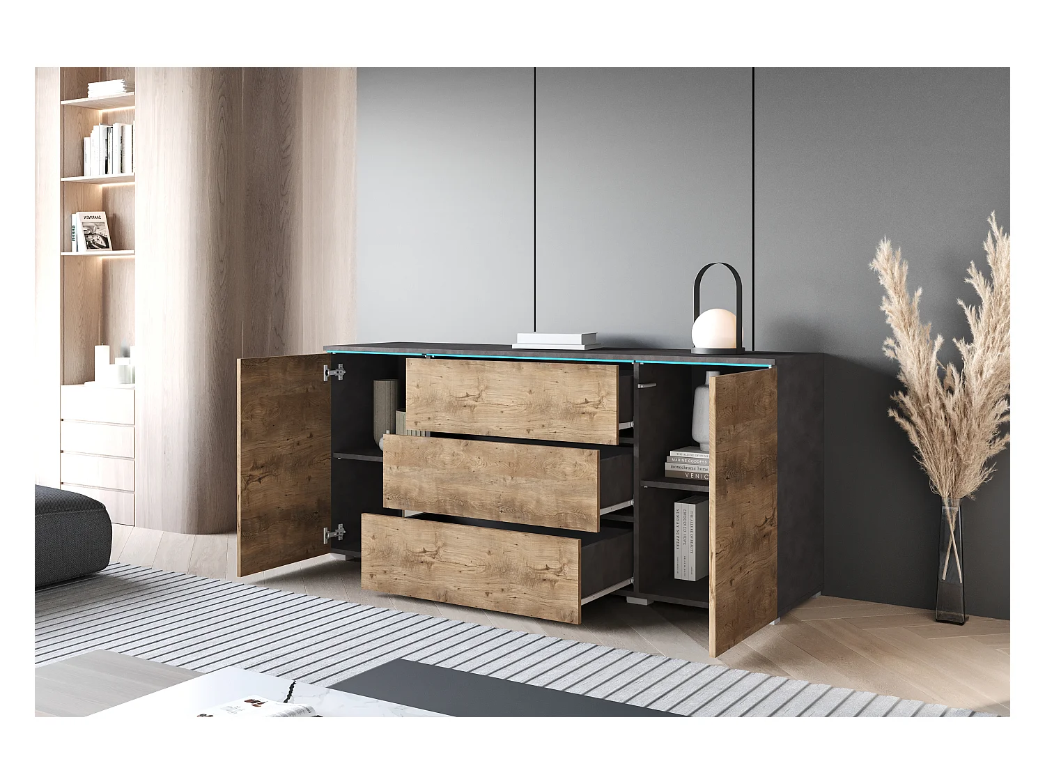 Buffet moderne 150 cm pour salon mat 3 tiroirs et 2 portes matera et châtaignier Breslau