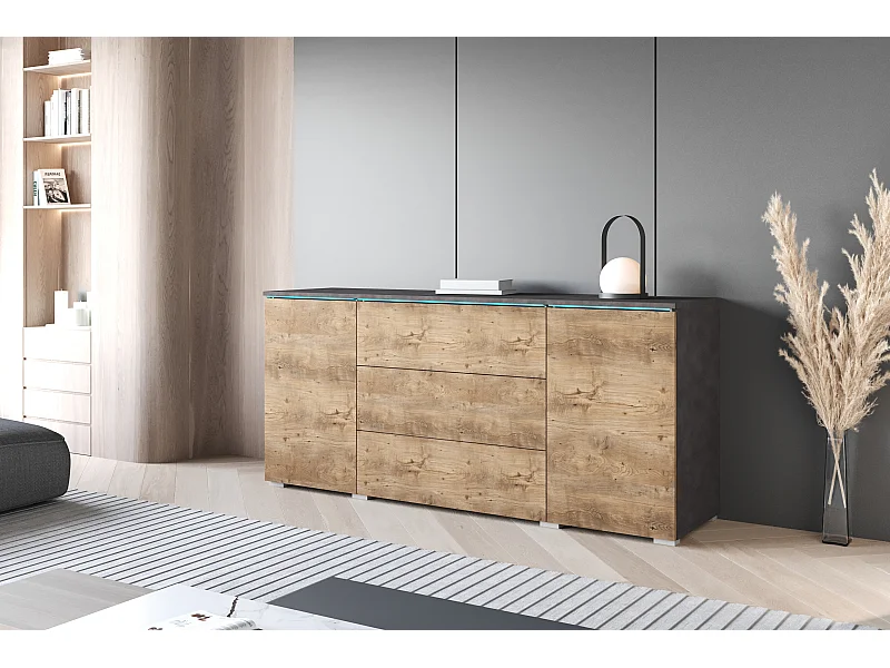 Buffet moderne 150 cm pour salon mat 3 tiroirs et 2 portes matera et châtaignier Breslau