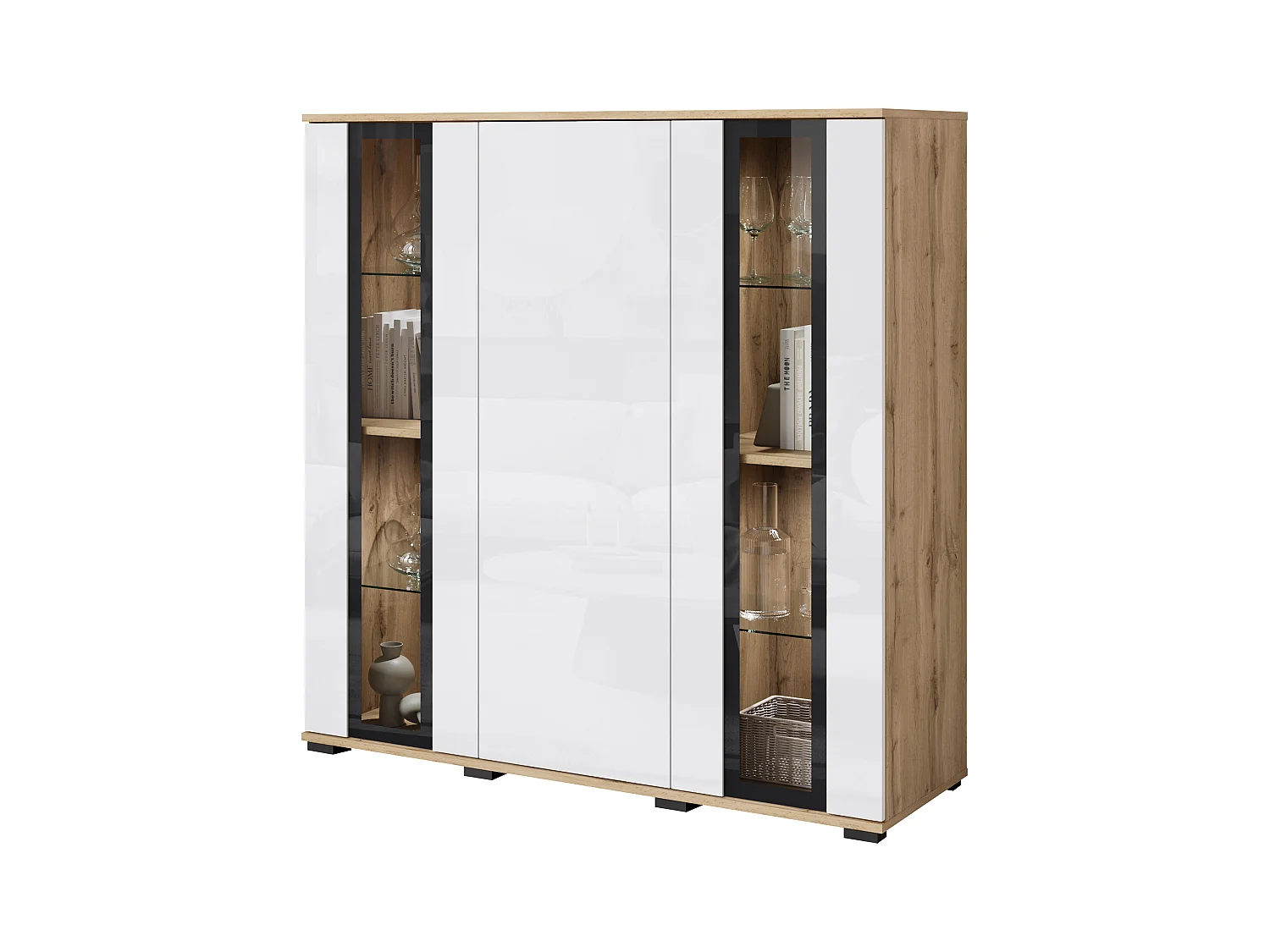 Buffet haut moderne 120 cm – vitrine haute pour salon avec vitrages, corps chêne wotan mat, façades blanc brillant