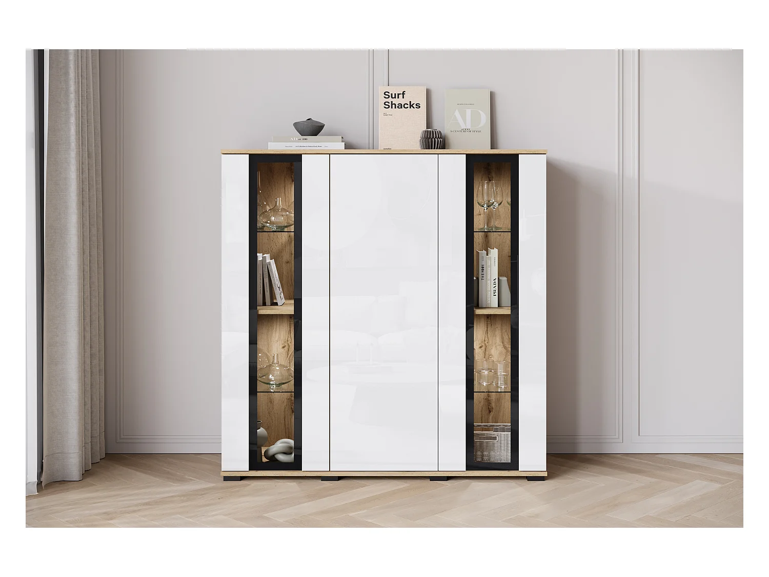 Buffet haut moderne 120 cm – vitrine haute pour salon avec vitrages, corps chêne wotan mat, façades blanc brillant