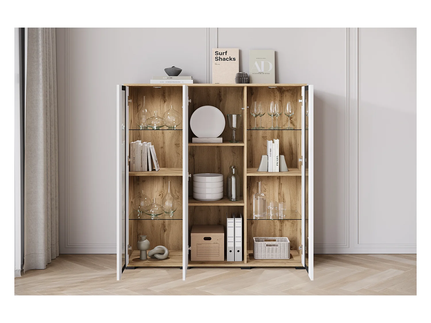 Buffet haut moderne 120 cm – vitrine haute pour salon avec vitrages, corps chêne wotan mat, façades blanc brillant