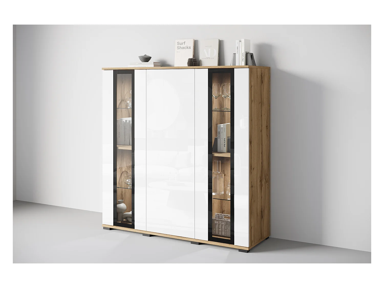 Buffet haut moderne 120 cm – vitrine haute pour salon avec vitrages, corps chêne wotan mat, façades blanc brillant