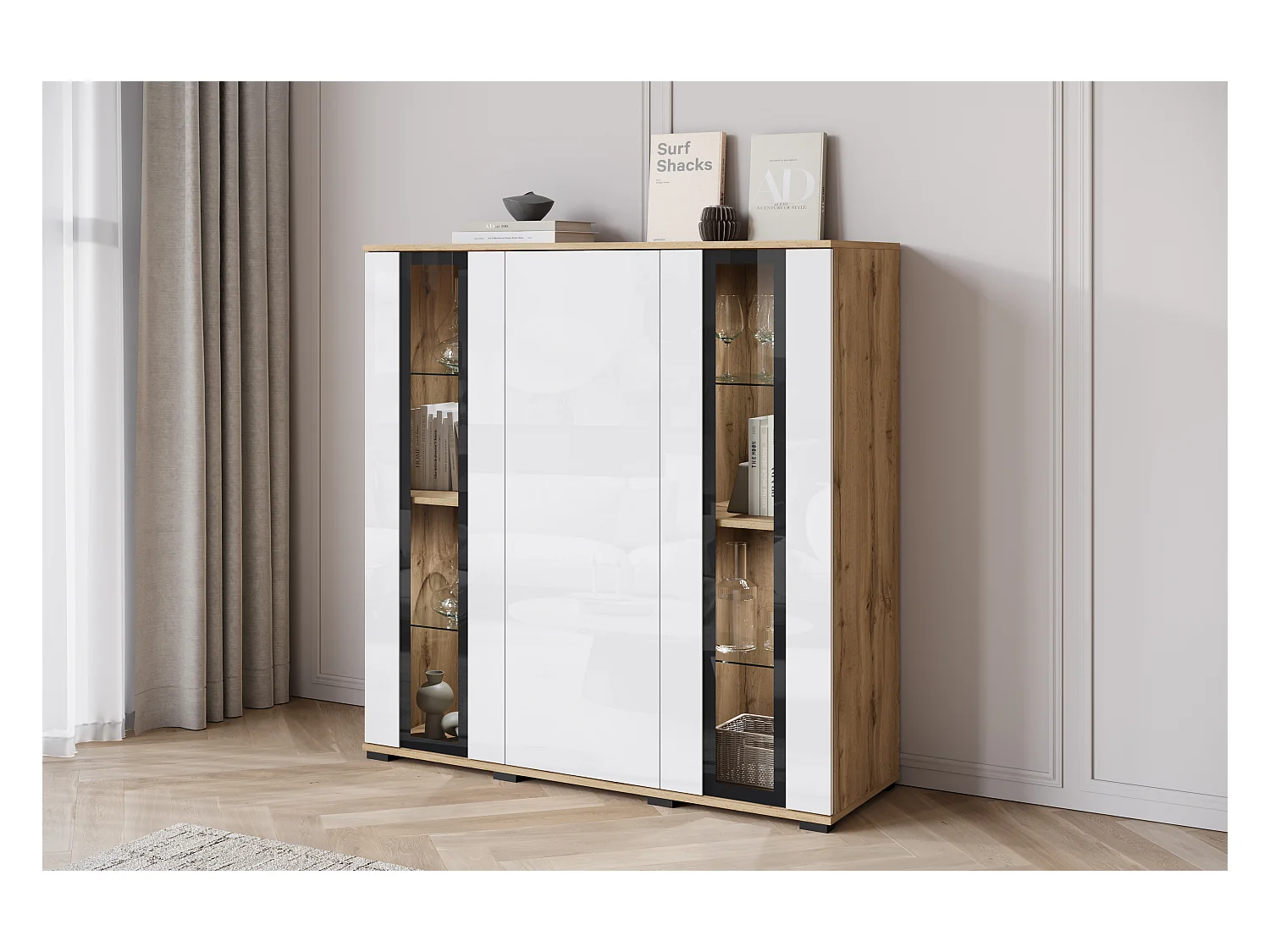Buffet haut moderne 120 cm – vitrine haute pour salon avec vitrages, corps chêne wotan mat, façades blanc brillant