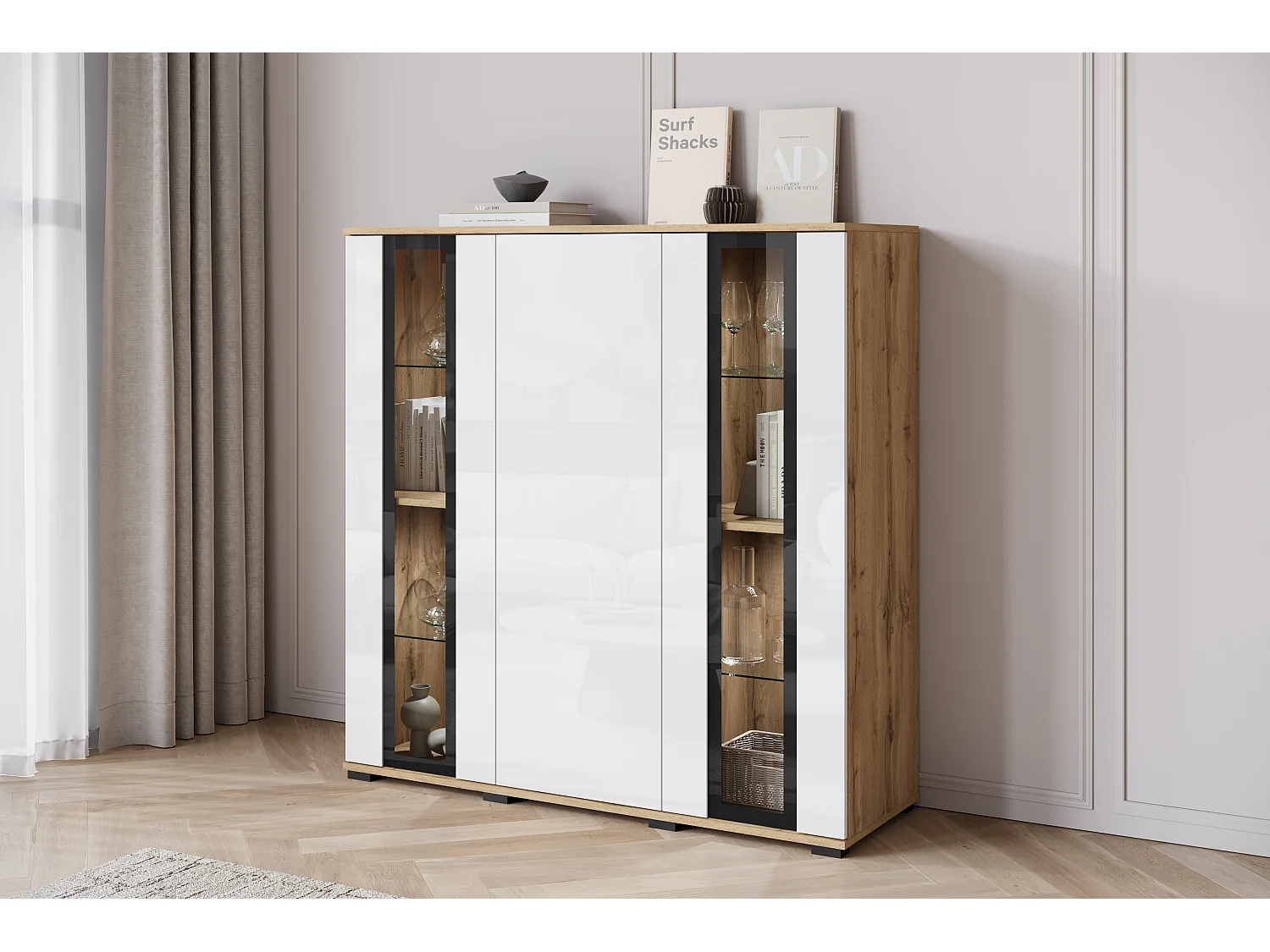Buffet haut moderne 120 cm – vitrine haute pour salon avec vitrages, corps chêne wotan mat, façades blanc brillant