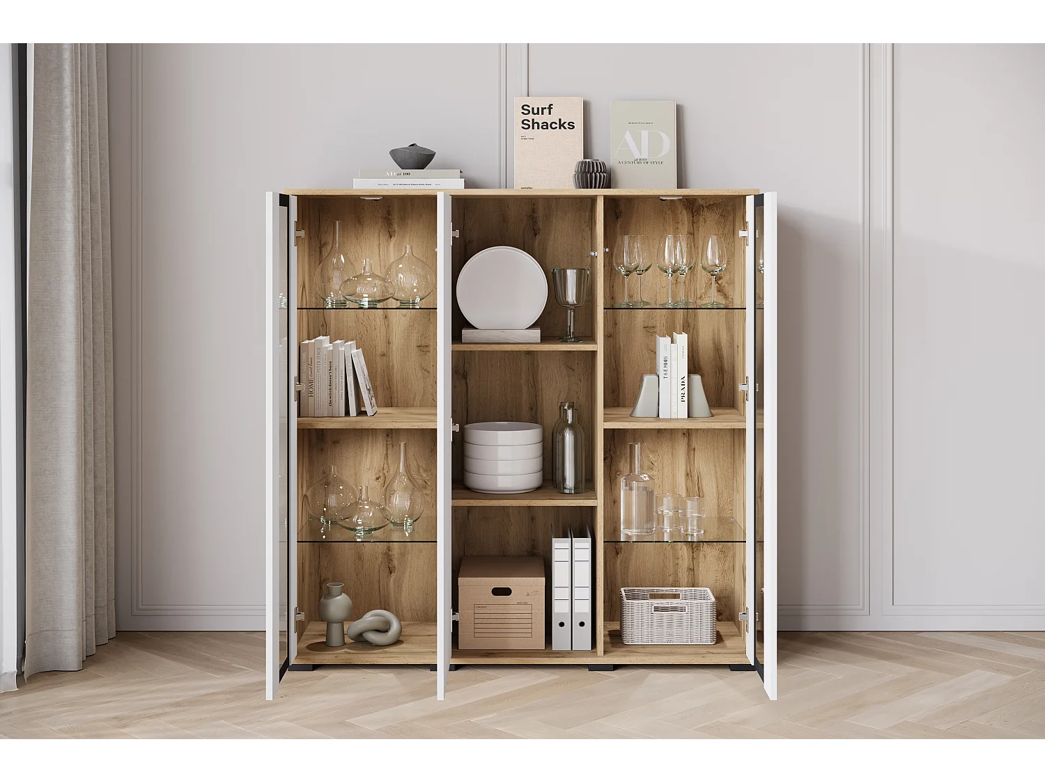 Buffet haut moderne 120 cm – vitrine haute pour salon avec vitrages, corps chêne wotan mat, façades blanc brillant