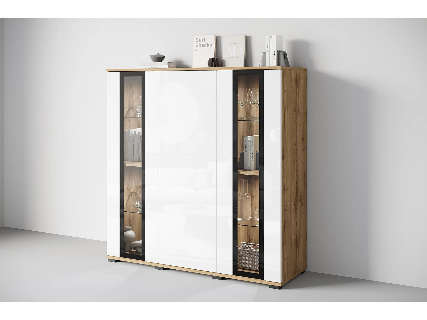 Buffet haut moderne 120 cm – vitrine haute pour salon avec vitrages, corps chêne wotan mat, façades blanc brillant