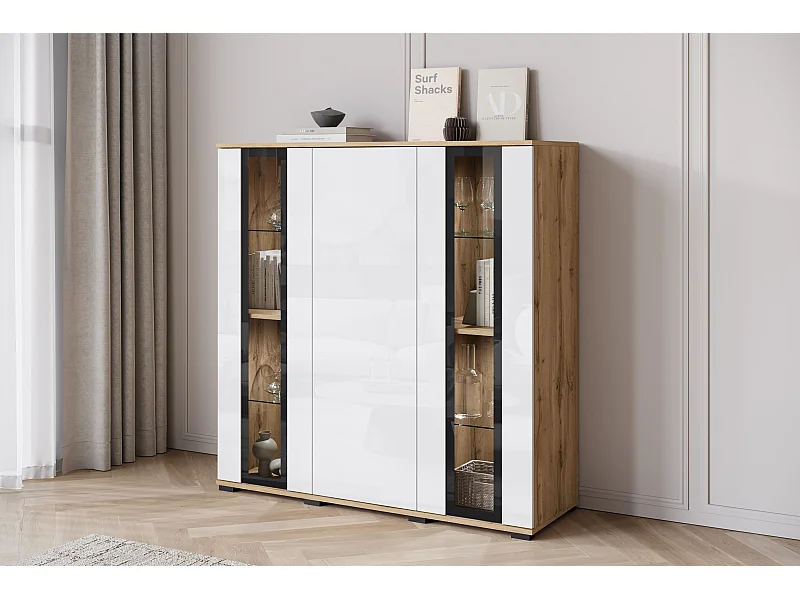 Buffet haut moderne 120 cm – vitrine haute pour salon avec vitrages, corps chêne wotan mat, façades blanc brillant