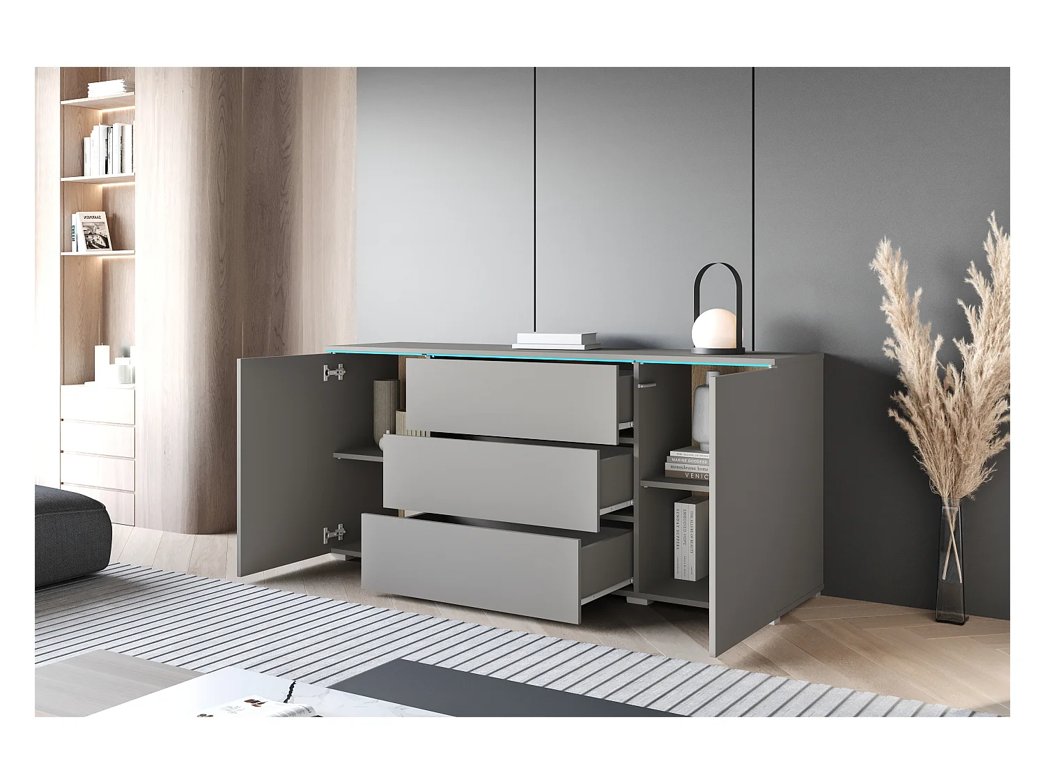 Buffet moderne 150 cm pour salon mat 3 tiroirs et 2 portes gris pallad