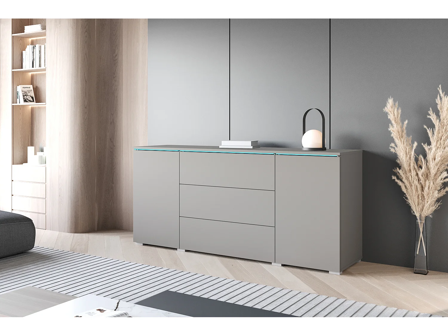 Buffet moderne 150 cm pour salon mat 3 tiroirs et 2 portes gris pallad