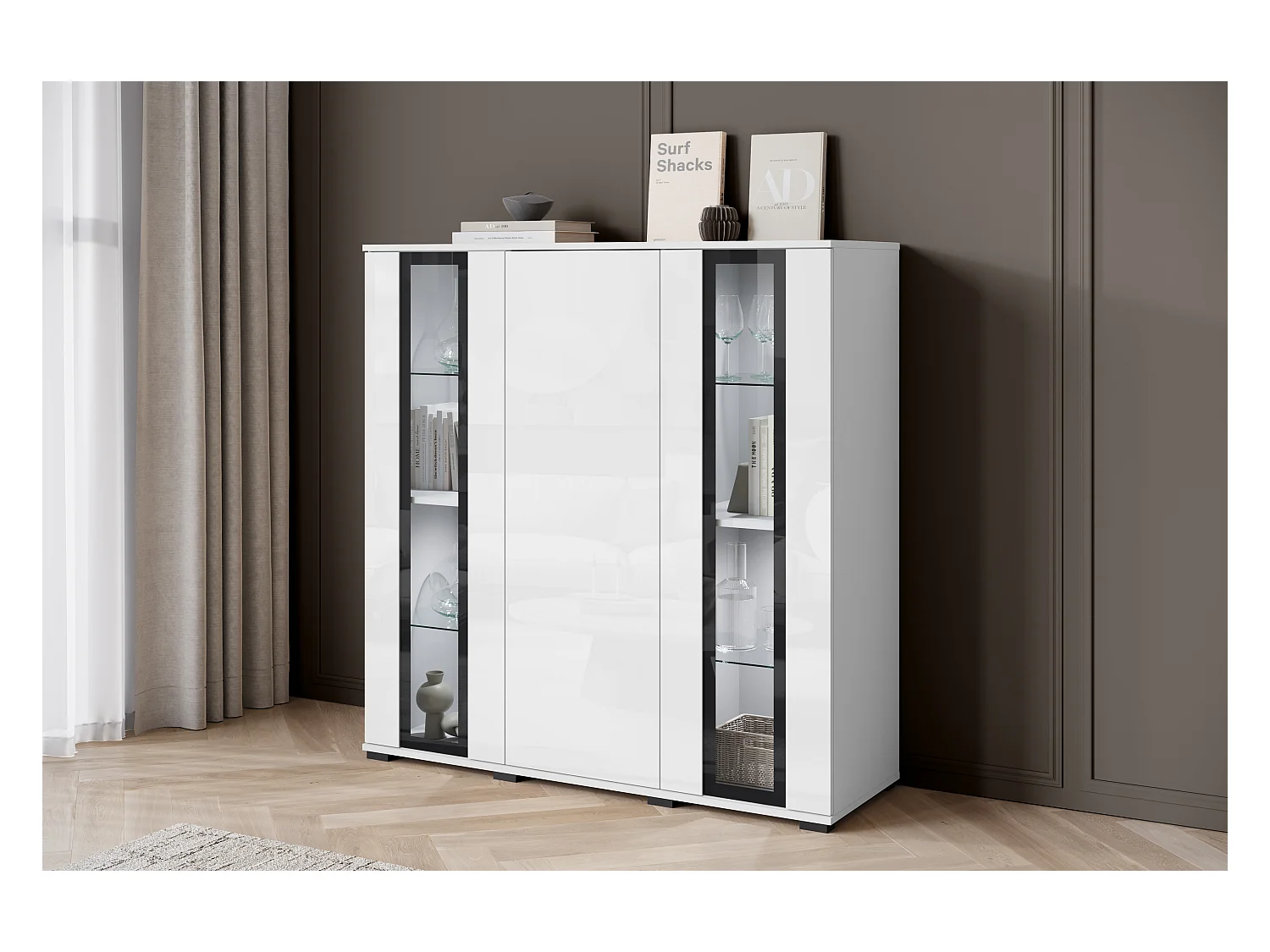 Buffet haut moderne 120 cm – vitrine haute pour salon avec vitrages, corps blanc mat, façades blanc brillant