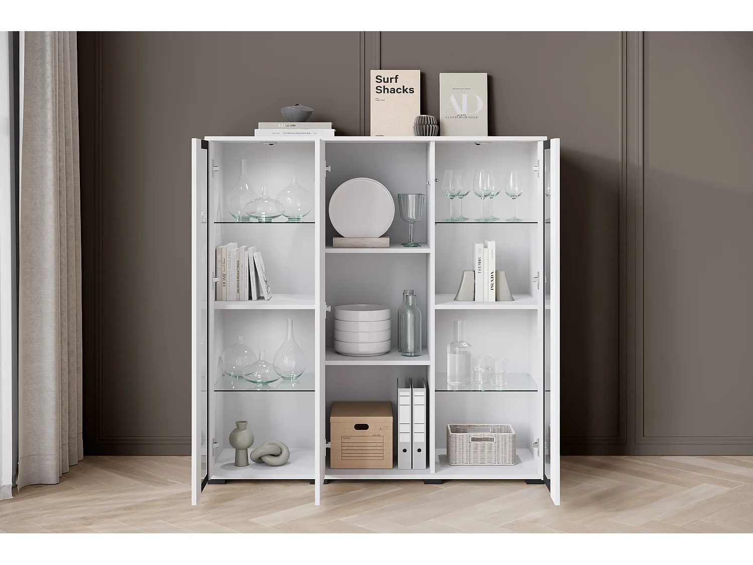 Buffet haut moderne 120 cm – vitrine haute pour salon avec vitrages, corps blanc mat, façades blanc brillant