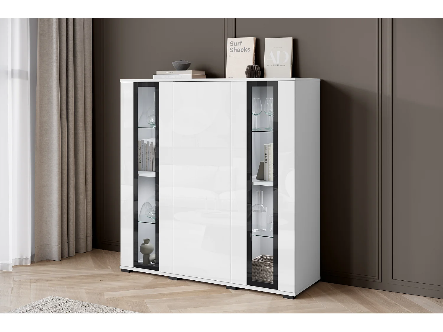 Buffet haut moderne 120 cm – vitrine haute pour salon avec vitrages, corps blanc mat, façades blanc brillant