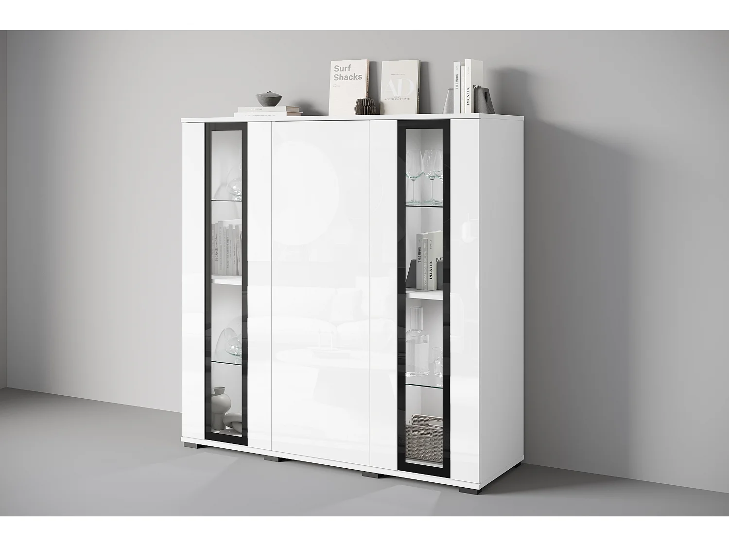 Buffet haut moderne 120 cm – vitrine haute pour salon avec vitrages, corps blanc mat, façades blanc brillant