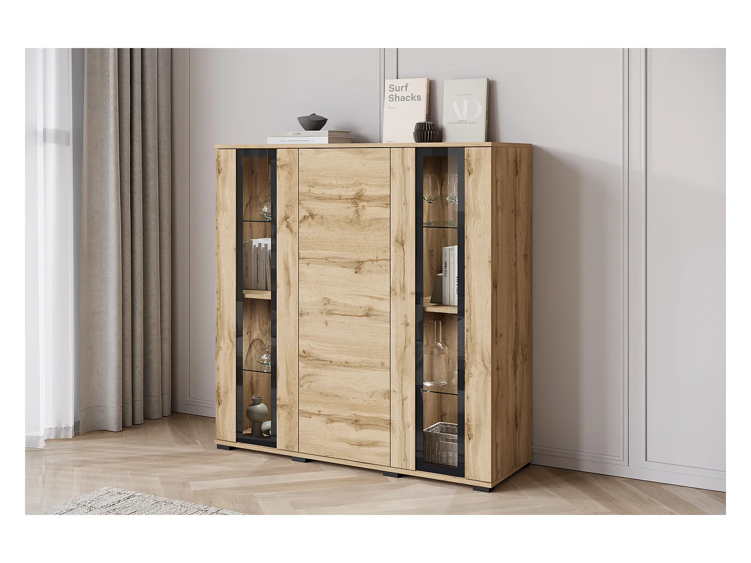 Buffet haut moderne 120 cm – vitrine haute pour salon avec vitrages, couleur chêne wotan mat