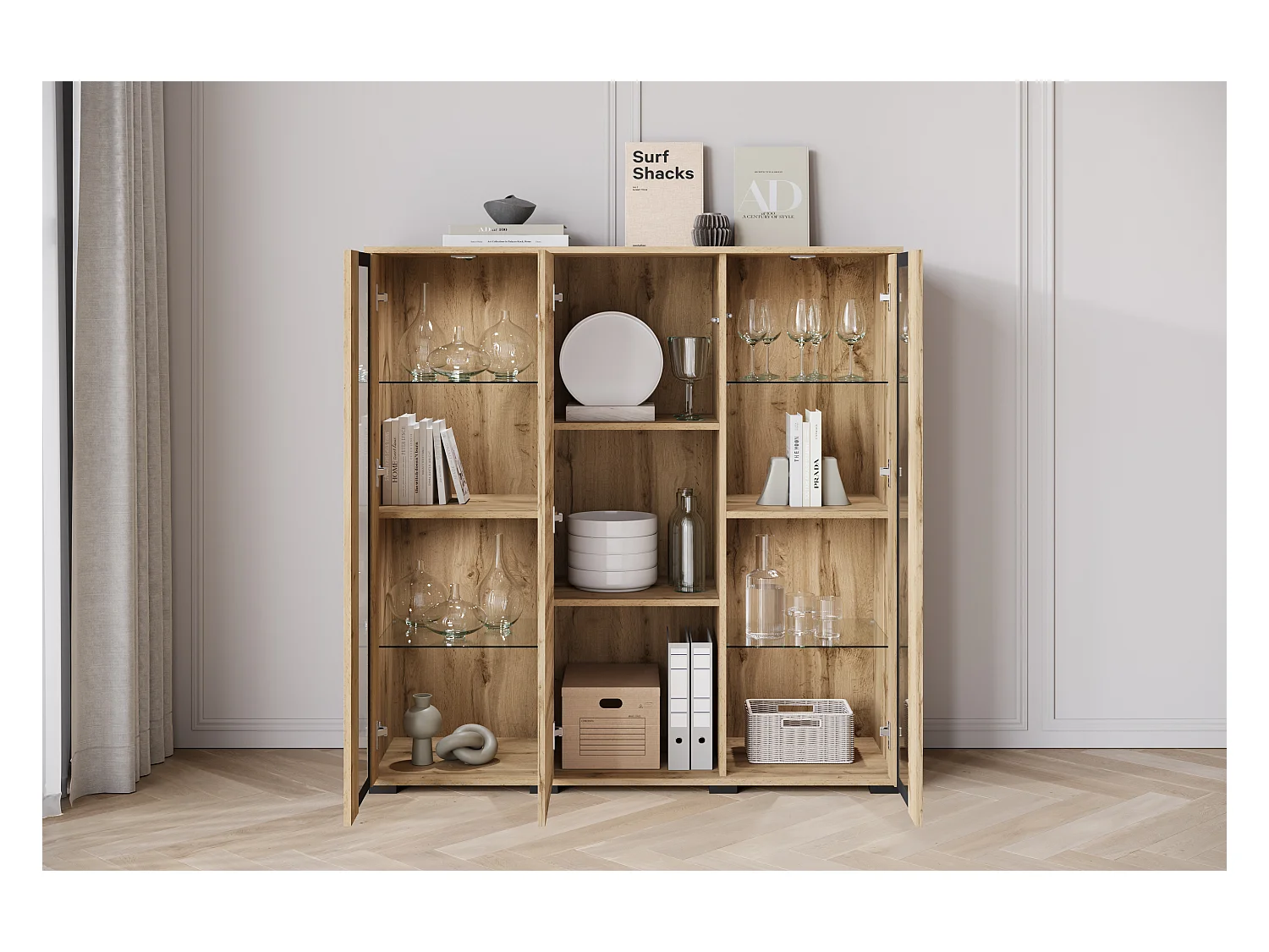 Buffet haut moderne 120 cm – vitrine haute pour salon avec vitrages, couleur chêne wotan mat