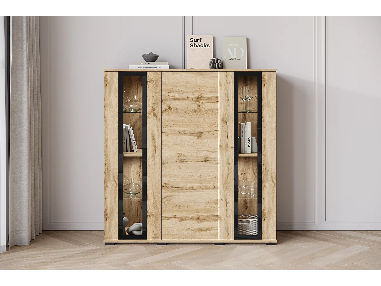 Buffet haut moderne 120 cm – vitrine haute pour salon avec vitrages, couleur chêne wotan mat