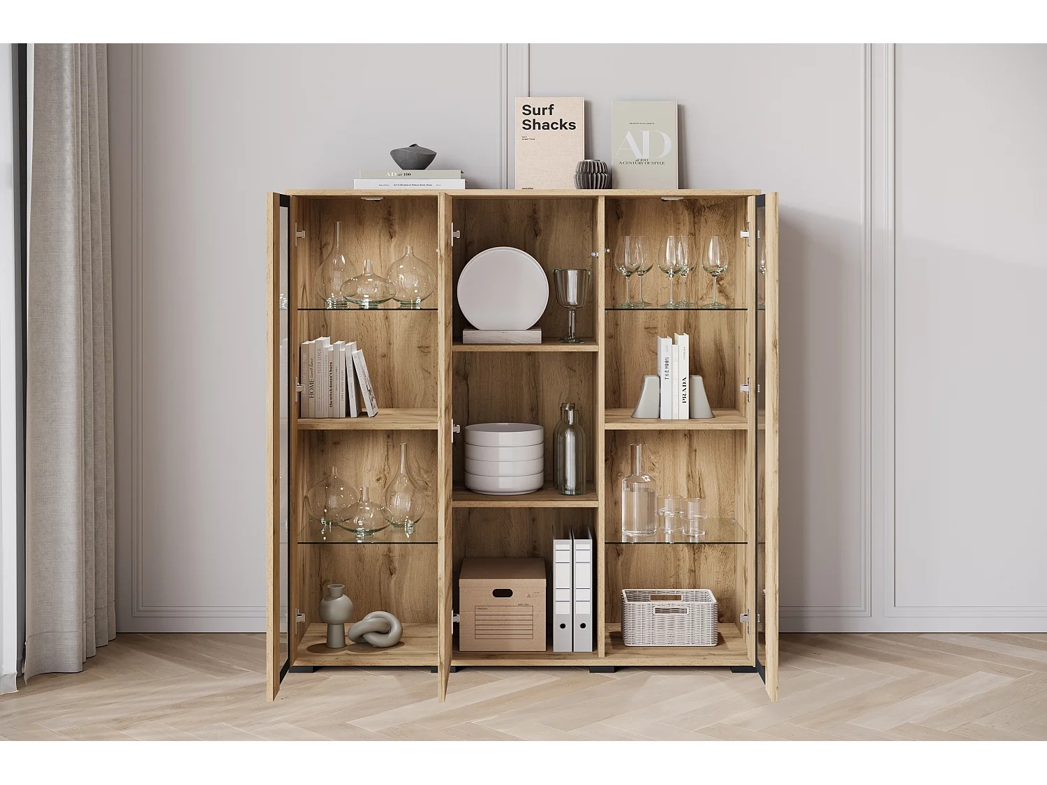 Buffet haut moderne 120 cm – vitrine haute pour salon avec vitrages, couleur chêne wotan mat