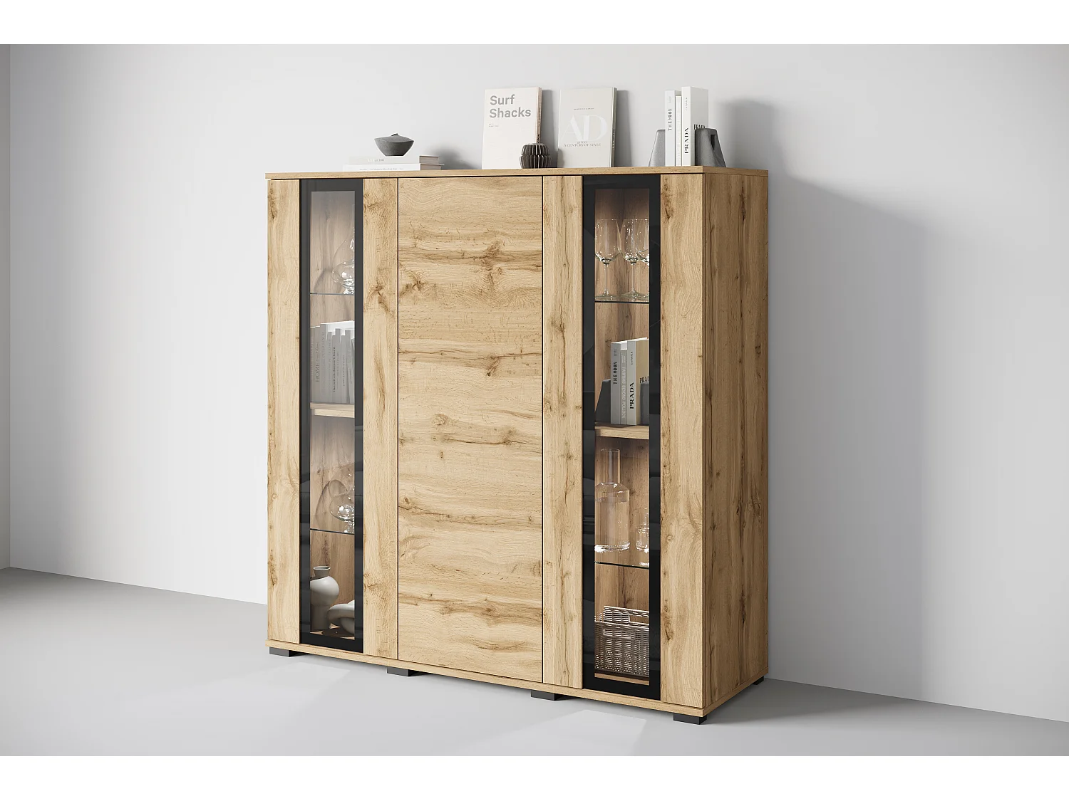 Buffet haut moderne 120 cm – vitrine haute pour salon avec vitrages, couleur chêne wotan mat