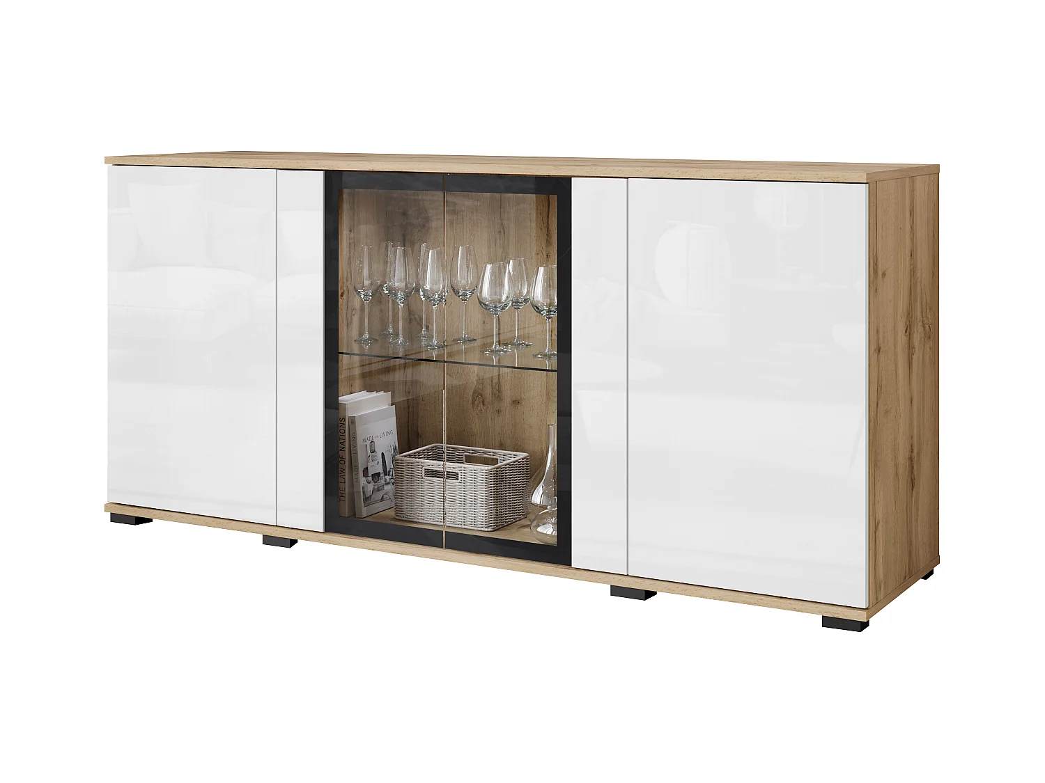 Buffet 150 cm pour salon – vitrine moderne avec vitrages, corps wotan mat et façades blanc brillant