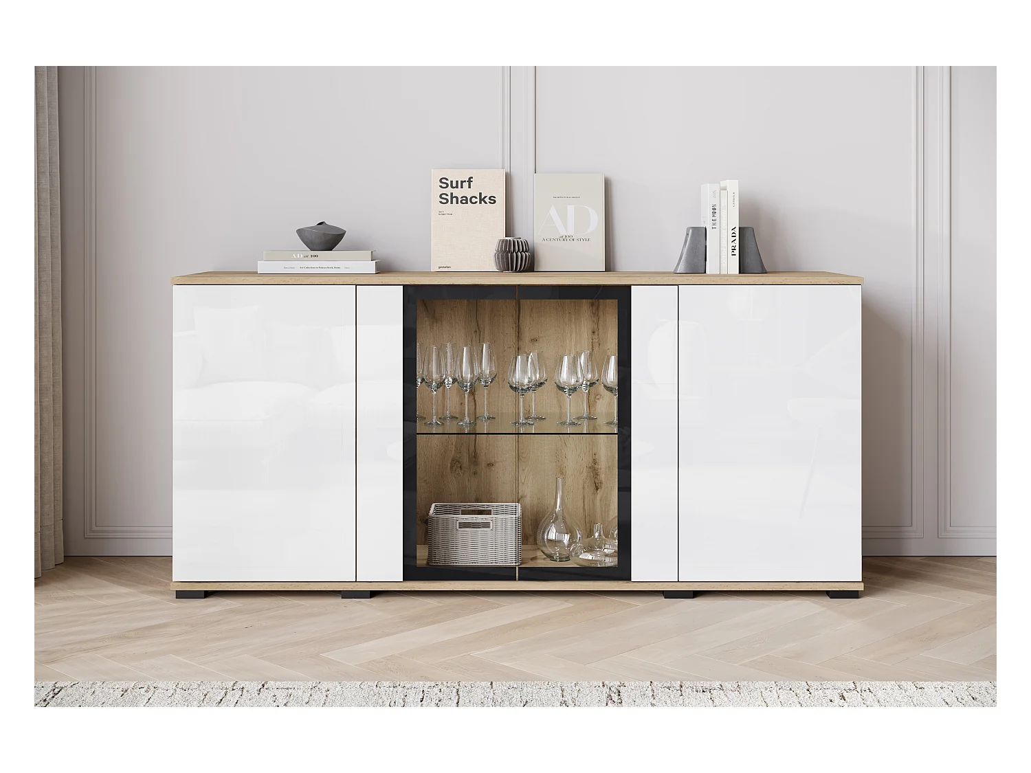 Buffet 150 cm pour salon – vitrine moderne avec vitrages, corps wotan mat et façades blanc brillant